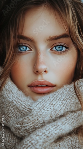 Portrait of a young woman with blue eyes and a cozy sweater against a soft ba...