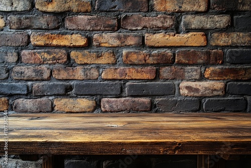 Rustic wooden table against a textured brick wall in an urban setting