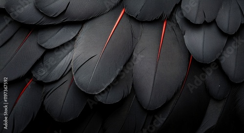 Dark and elegant black feathers with red accents arranged on a textured surface