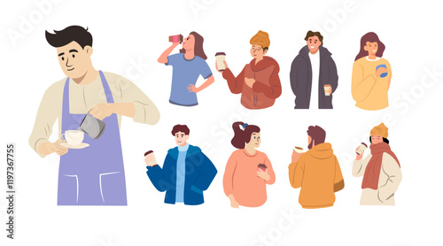 barista preparing making professional coffee different people cartoon character drinking hot drink illustration clipart