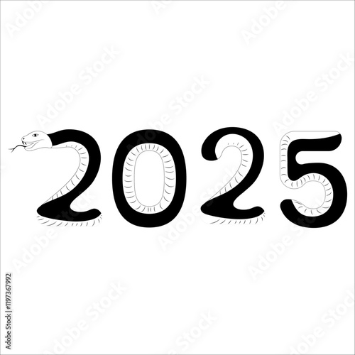 Chinese 2025 Contour White and Black New Year Numeric. Zodiac Asia Silhouette Snake