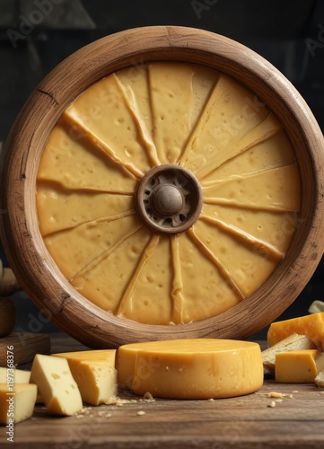 A wheel of cheese with a natural wax coating and a aged appearance, brown, cheese, wax photo