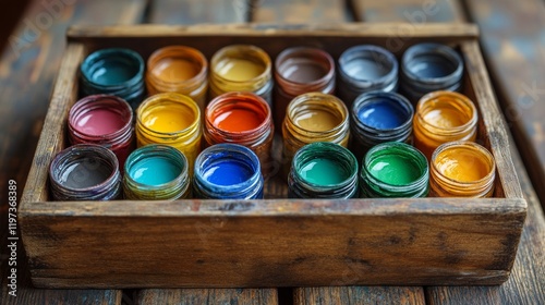 Artistic display of vibrant paint colors in glass jars arranged in a wooden box