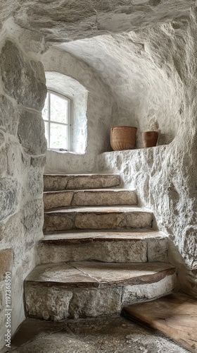 Stone staircase leading to a brightly lit window in a rustic interior setting