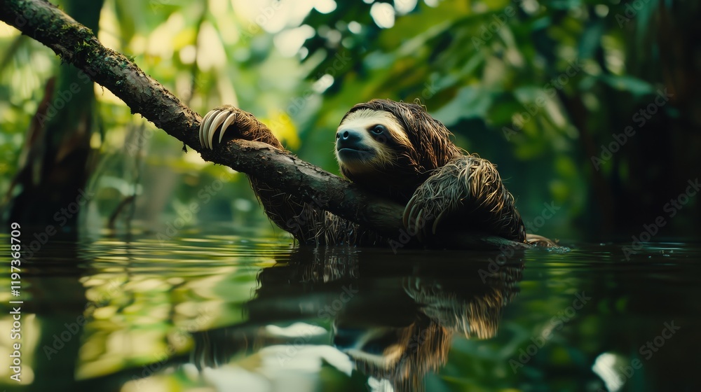 Sloth Clinging to Branch Above Floodwaters in Lush Tropical Jungle Sloth Clinging to Branch Above Floodwaters in Lush Tropical Jungle