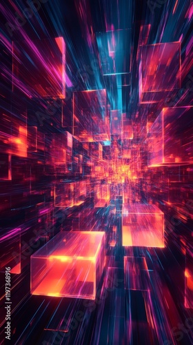 Vibrant 3D blocks illuminated with colorful lights create a mesmerizing visua...