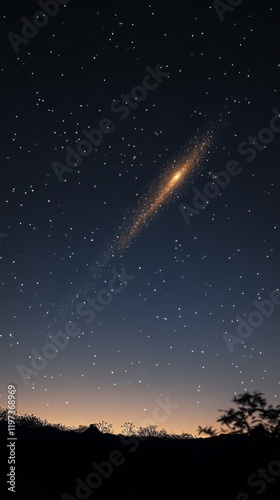 Night sky filled with stars showcases a distant galaxy above a tranquil lands...