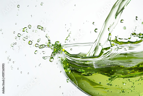 green liquid water or tea oil. neon lime liquid flows and splashes on a transparent background photo