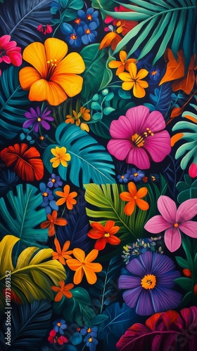 Vibrant tropical flowers and leaves in stunning colorful arrangement with int...