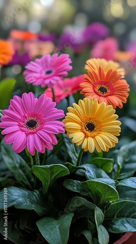 Bright and colorful gerbera daisies bloom in a vibrant garden setting during ...