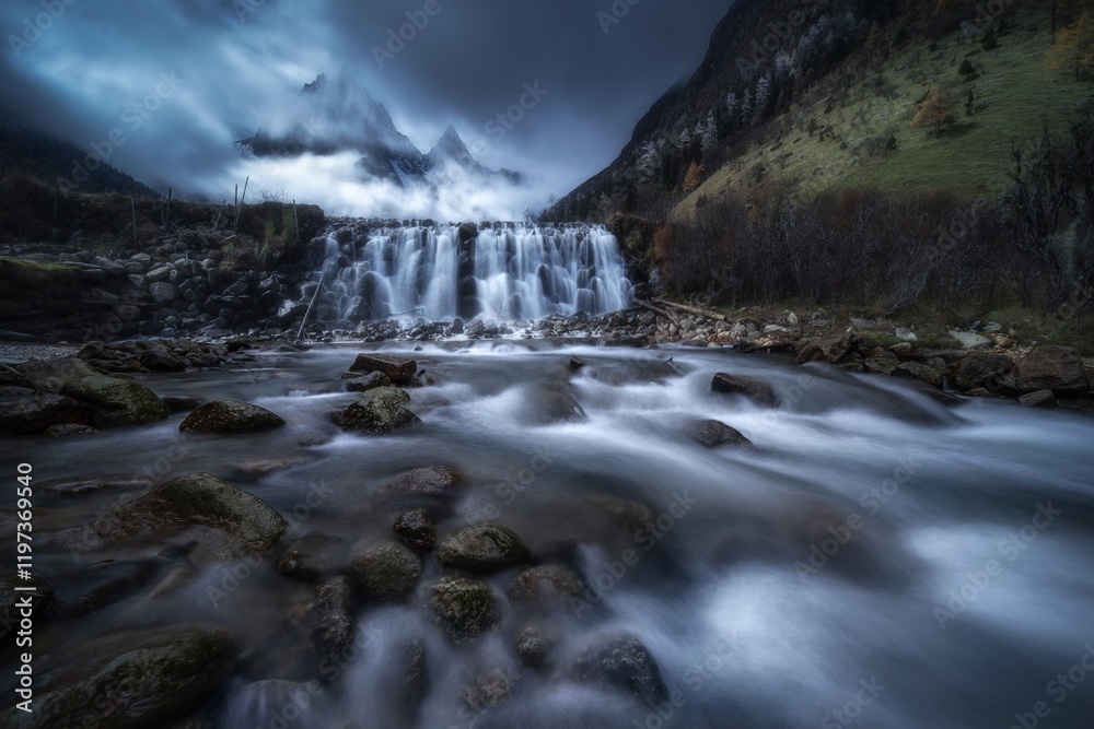 Fototapeta premium Winter wonderland landscape captures the serene beauty of western Sichuan with cascading waterfalls and misty mountains