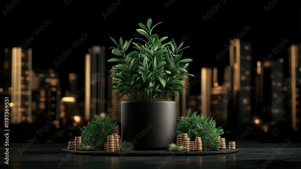 Fototapeta premium Vibrant Green Plant in a Decorative Pot Surrounded by Shiny Coins on a Rustic Wooden Table Evoking a Sense of Prosperity and Natural Beauty
