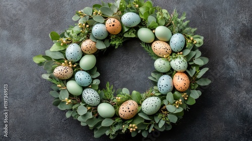 Beautiful Easter wreath decorated with colorful eggs and greenery for spring ...