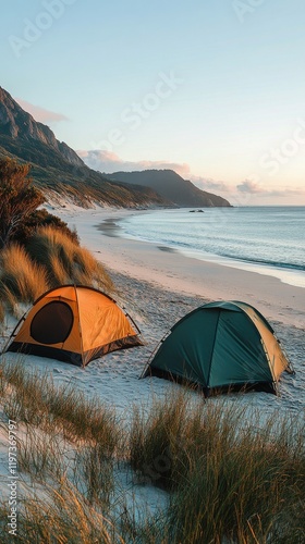 Camping by the ocean under a clear sky with two tents on the sandy beach