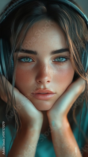 Girl wearing headphones rests peacefully on a cozy blanket in natural light d...