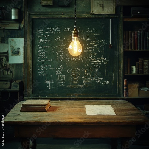 Wooden table under glowing light bulb in a rustic room with a chalkboard fill...