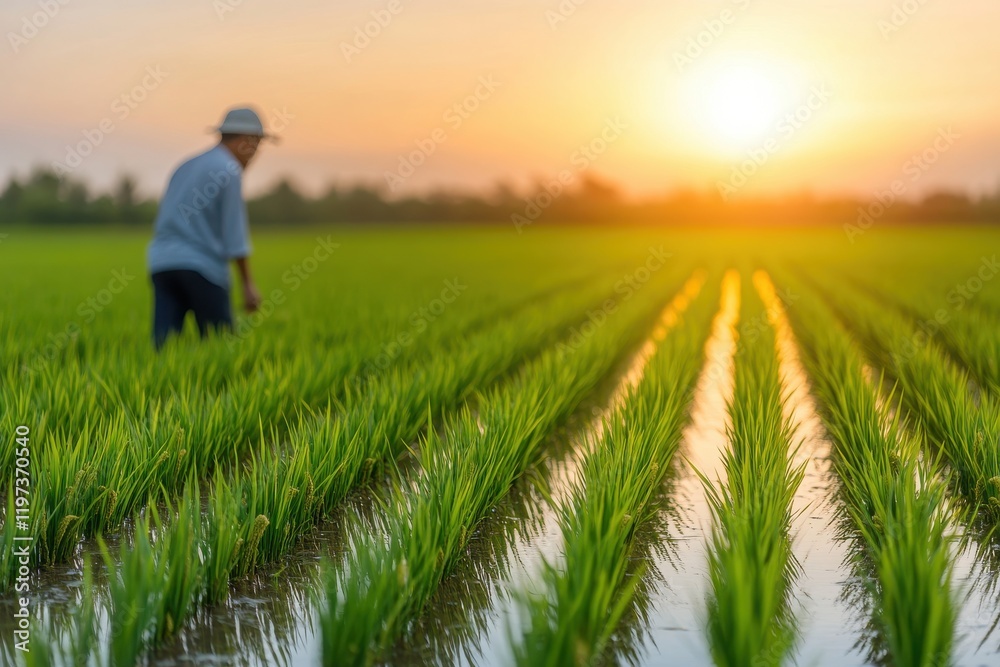 A farmer tending to lush green rice fields during sunset, showcasing agricultural tranquility and hard work. A farmer tending to lush green rice fields during sunset, showcasing agricultural tranquility and hard work.