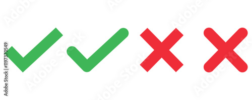 Green check mark and red cross mark icon vector set, check mark and cross mark icon vector set isolated on white background.