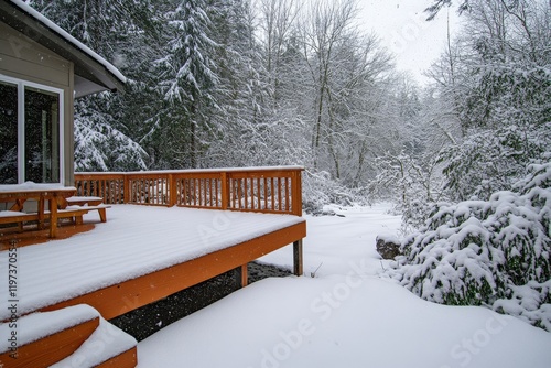 Snow-covered deck overlooking a tranquil winter forest landscape in a remote ...