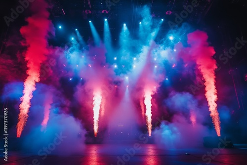 Colorful smoke and dramatic lighting create an energetic atmosphere at a live...