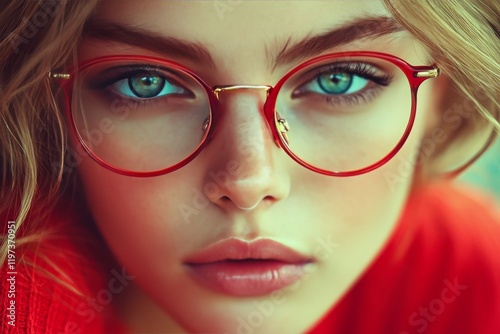 Young person with striking blue eyes wearing red glasses and showcasing natur...