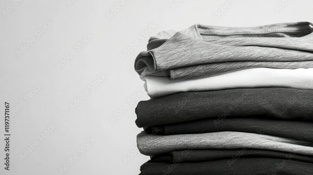 Pile of neatly arranged monochromatic t-shirts in grayscale tones, highlighting minimalistic style and soft texture, with copy space Pile of neatly arranged monochromatic t-shirts in grayscale tones, highlighting minimalistic style and soft texture, with copy space