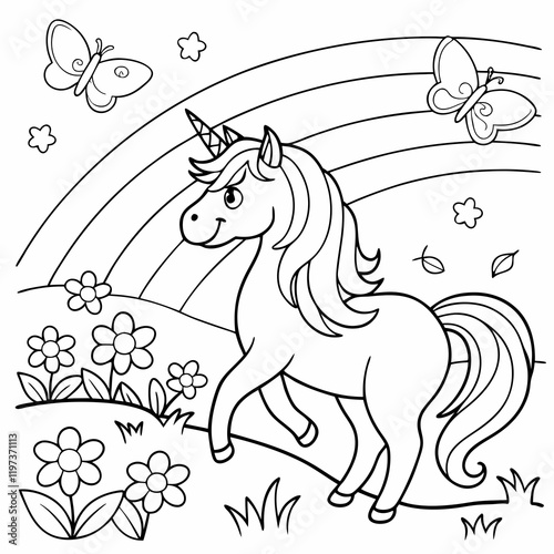 A unicorn with a flowing rainbow mane standing in a meadow surrounded by butterflies and flowers. coloring page for children, outline, education, line, outline, art, sketch