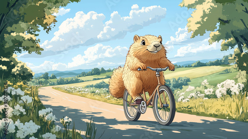 A groundhog riding a bicycle along a country road, illustrated in a playful Japanese kawaii cartoon style and pastel hues