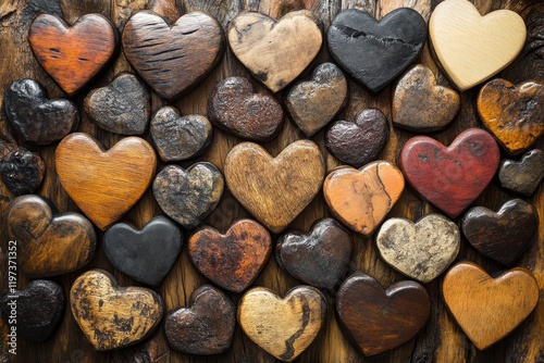 Decorative wooden heart shapes arranged on a rustic wooden background showcas...