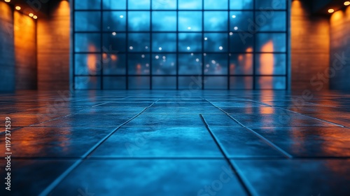 Reflective floor in a modern, dimly lit interior space with large window.