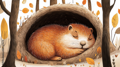 A sleepy groundhog curled up in a cozy burrow, illustrated in a warm, storybook cartoon style with textured brush strokes and earthy tones
