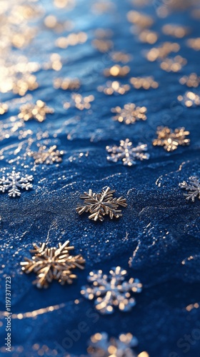 Snowflakes shimmering on a dark blue background create a magical winter atmos...