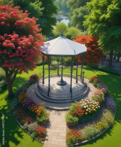 Aerial view of a bandstand in a park with lush greenery and vibrant flowers, architecture, scenery, nature