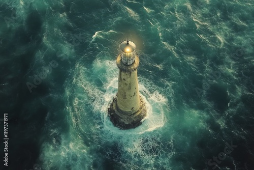White lighthouse standing on rocky island surrounded by turbulent ocean waves...
