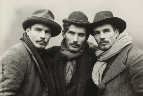 Three men posing together in stylish winter attire against a subtle backdrop
