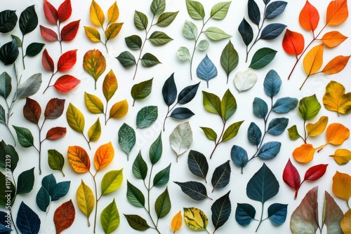 Colorful autumn leaves arranged on a white background showcasing seasonal div...