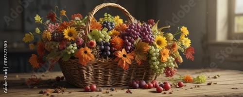 Wallpaper Mural A basket filled with a mix of autumn flowers and grapes, floral basket, nature-inspired Torontodigital.ca