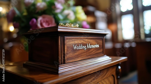 Elegant wooden box with flowers for storing wedding memories in a rustic setting