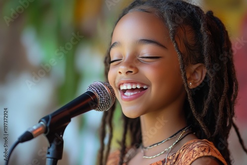 Young girl singing passionately on stage with bright lights in the background...