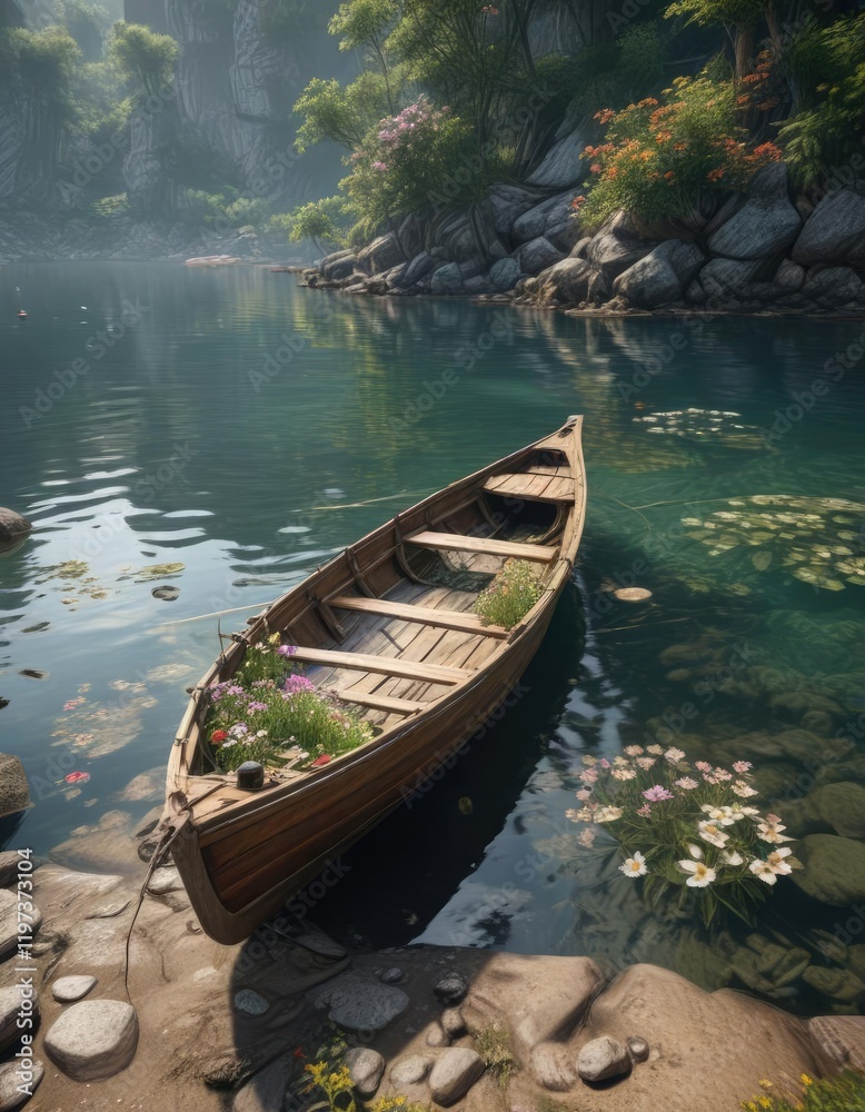 Algunas flores se ven entre las barcas apoyadas, flores, amanecer