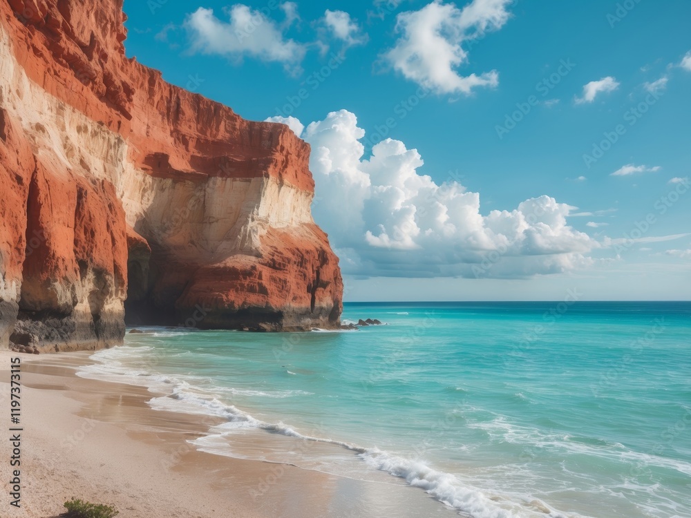 Fototapeta premium the beach at the end of a cliff with clear water and blue sky