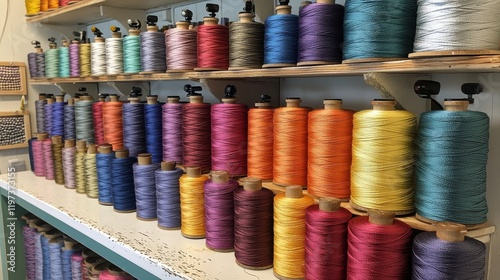 Colorful spools of thread arranged neatly on a table in a craft studio with f...