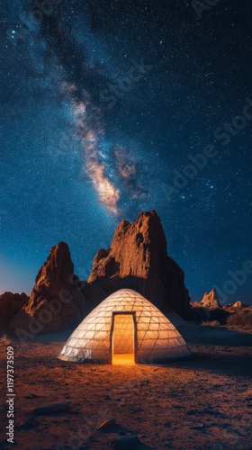 Illuminated igloo under a starry night sky in a remote winter landscape