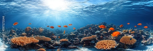 Vibrant coral reef teeming with life under the sunlit ocean surface. photo