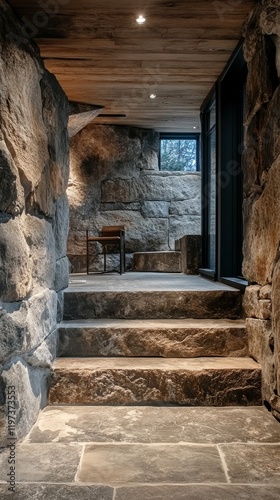Stone staircase leading to a brightly lit window in a rustic interior setting