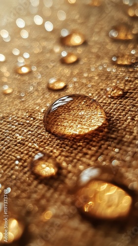 Water droplets glimmer on a delicate fabric surface in a soft light setting