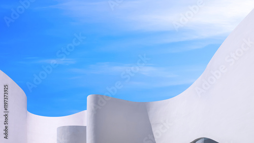 Geometric architecture abstract background in manipulation design technique, White curve concrete exterior wall of modern building in minimal style with blue sky, low angle and perspective side view