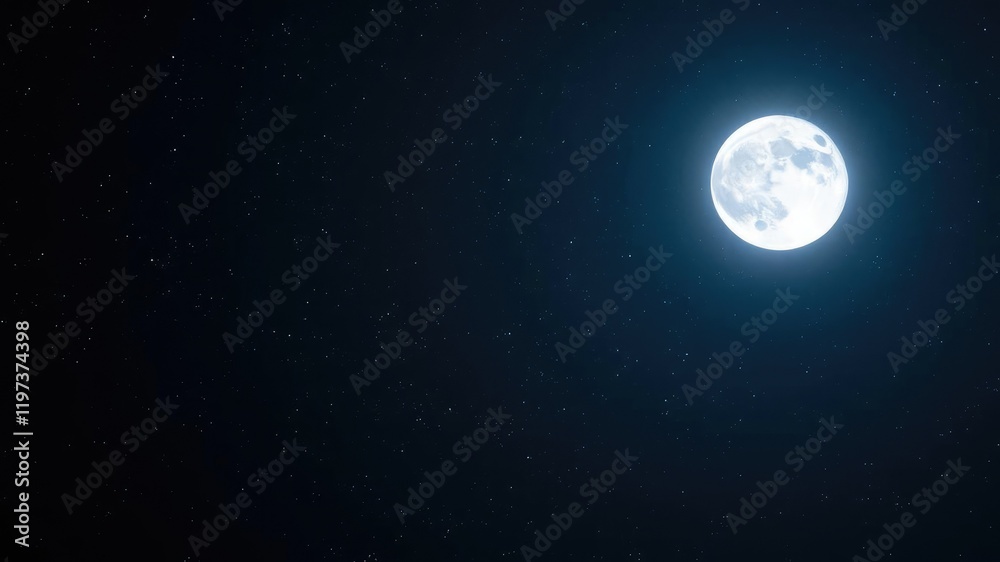 A starry night scene with a full moon shining brightly and numerous stars twinkling against the inky blackness of space, astronomy, mystical, blue sky A starry night scene with a full moon shining brightly and numerous stars twinkling against the inky blackness of space, astronomy, mystical, blue sky