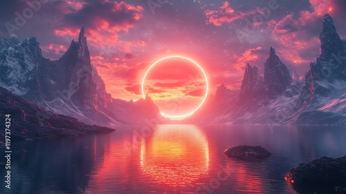 Surreal landscape with glowing ring-shaped sun reflecting on calm lake between snow-capped mountains at sunset.