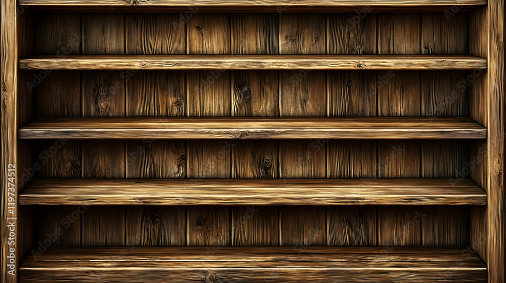 Empty rustic wooden shelves, studio background, product display Empty rustic wooden shelves, studio background, product display